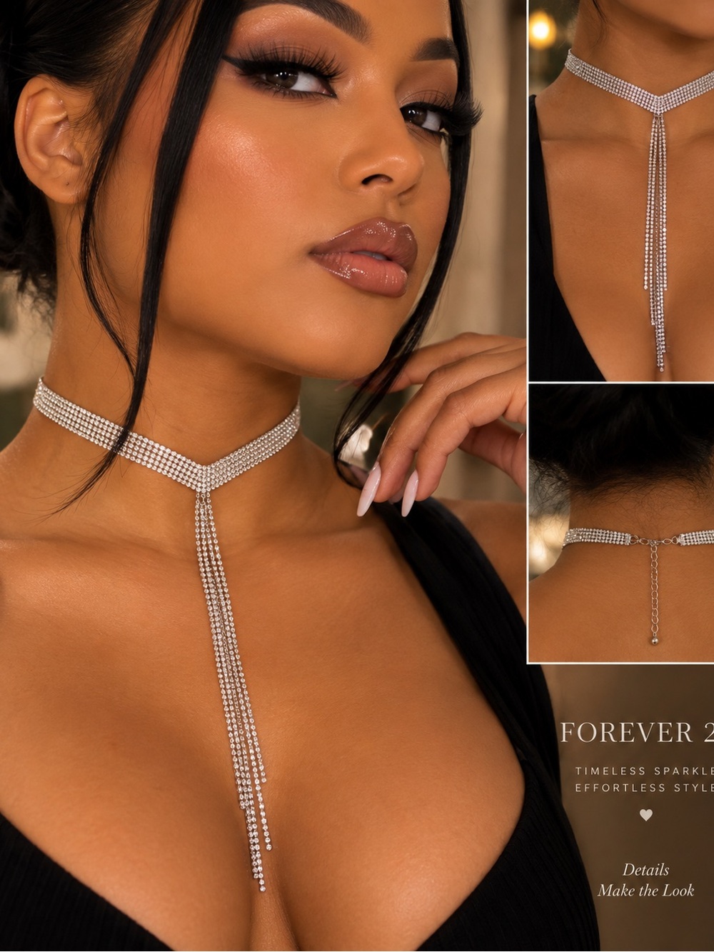 Forever 21 Silver Rhinestone Lariat Choker Necklace with Dangle